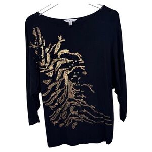 CAbi Cherie Sequined Tee Top  Black # 152 Dolman 3/4 Sleeve Size XS